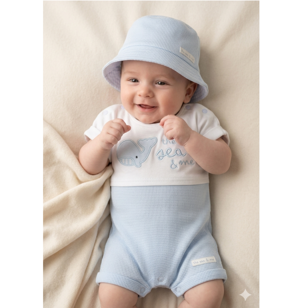 H13188NB: Baby Boys Waffle Fabric Romper & Reversible Hat Set (0-9 Months) H13188NB: Baby Boys Waffle Fabric Romper & Reversible Hat Set (0-9 Months)